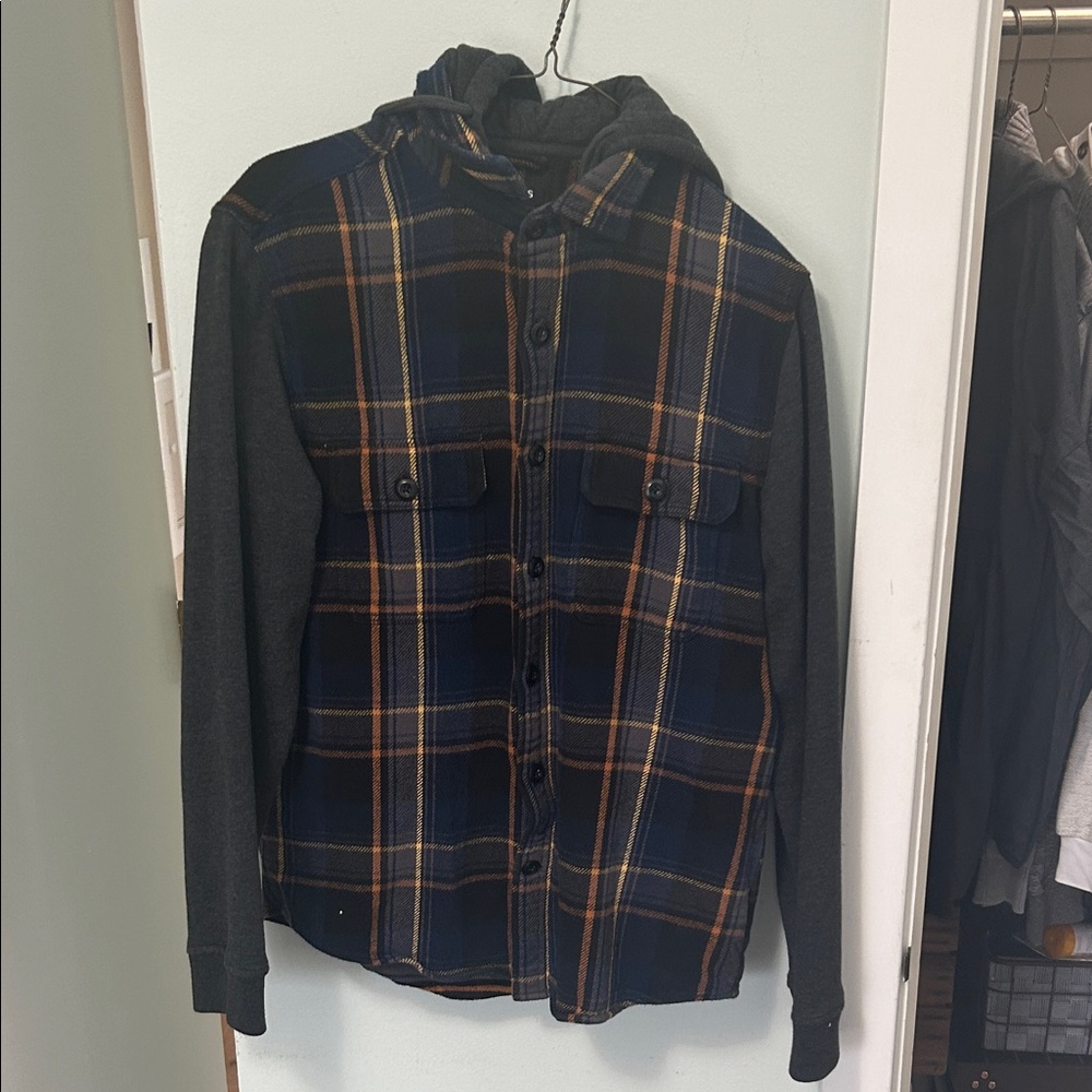 Express Men's Navy and Orange Plaid Shirt Jacket